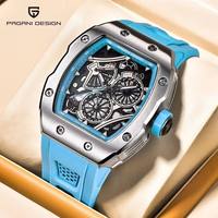 PINTIME 6826 Tonneau Luxus-Herrenuhr Neue Quarz-Uhrwerk Tourbillon Hohldesign Silikon Edelstahl Anpassbares Glas