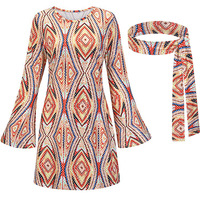Costume d'Halloween pour femmes, style hippie des années 70, robe à manches cloche rétro, tenue de fête, avec bandeau, lunettes de soleil, collier de la paix
