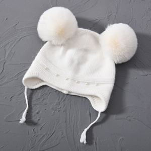 Bonnet <span class=keywords><strong>en</strong></span> <span class=keywords><strong>laine</strong></span> <span class=keywords><strong>de</strong></span> cachemire tricoté pour bébés, garçons, filles, enfants, épais, personnalisé, chaud, avec double <span class=keywords><strong>pompon</strong></span> détachable <span class=keywords><strong>en</strong></span> faux <span class=keywords><strong>lapin</strong></span> - Product Image 3