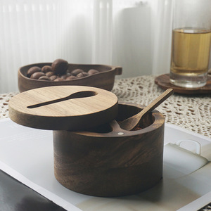 Acacia Wood Double Compartment <b>Spice</b> <b>Jar</b> Flip Top Lid Freshness Preservation Kitchen Use Solid Wood Rotating Container - Product Image 2