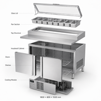 Station de préparation de pizzas réfrigérée en acier inoxydable, bar à salades et sandwichs, plan de travail avec réfrigérateur sous comptoir, bacs personnalisés