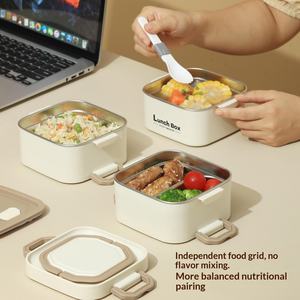 Stainless Steel <b>Round</b> Heatable Lunch <b>Box</b> Cup Bottle Set Microwave Safe Leak Proof Dual Tier 1-2L Capacity Modern Bento <b>Box</b> - Product Image 3