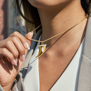 Collar con Colgante de Cuerno de Acero Inoxidable, Diseño Geométrico con Zirconia Marquise y Pavé, Joyería de Moda - Product Image 3