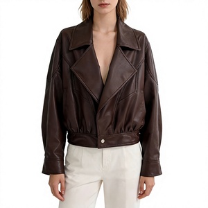 Blouson aviateur en cuir véritable marron avec col ouvert et fermeture à bouton unique pour femme, idéal pour l'automne - Product Image 1