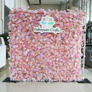 F01 Custom Wedding Event Decor Pink Floral Wall Backdrop Panel 3D 5D Roll Up Fabric Artificial Silk Rose Flower Wall para Decoración