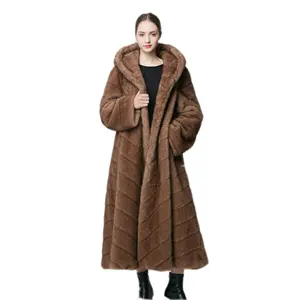 Custom Professional Customization Solid Extra Long Faux Sable Mink Fur Hooded Fur Coat For Ladies