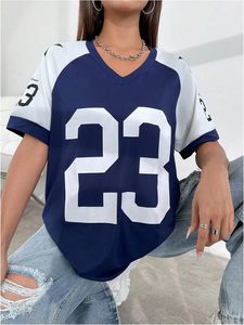 Camiseta de media manga con cuello en V y bloque de Color para mujer, camiseta de baloncesto, ropa de calle informal, Top - Product Image 4