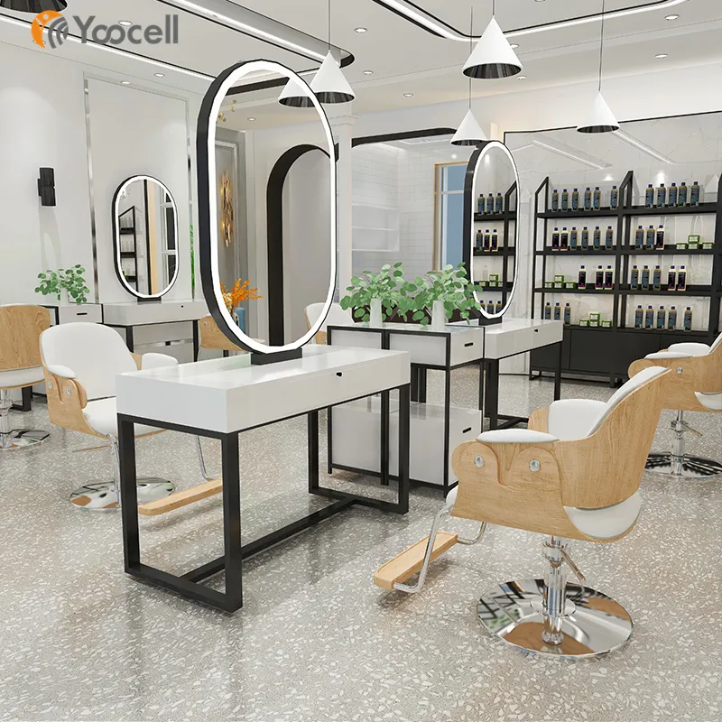 Yoocell डबल-पक्षीय दर्पण स्टेशन काले रंग आधुनिक सैलून स्टाइल टेबल नाई स्टेशन श्रृंगार दर्पण
