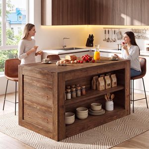 Isla de cocina SENYU de madera maciza rústica con estantes abiertos y almacenamiento para decoración del hogar y utensilios - Product Image 3