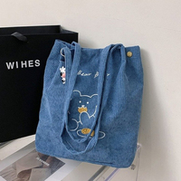 Sac à Main en Velours Côtelé Femme Ourson Dessin Animé Grande Capacité, Sacs d'Épaule Dame Mignons pour Étudiantes, Cabas Livre Fourre-Tout
