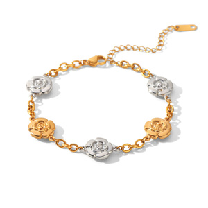 Ensemble collier et bracelet en acier inoxydable bicolore plaqué or 18 carats, motif fleur de rose, vintage, cadeau <span class=keywords><strong>pour</strong></span> <span class=keywords><strong>femme</strong></span>, résistant à l'eau, ne ternit pas - Product Image 4