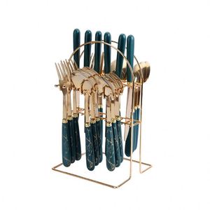 Juego de Cubiertos de Acero Inoxidable de Alta Gama para Comida Occidental, 24 Piezas, con Soporte y Mangos de Mármol - Product Image 2