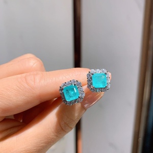 Factory Wholesale Vintage Jewelry Eco-friendly Copper Silver Plated Princess Cut Green Zircon Square Halo <b>Stud</b> <b>Earring</b> for Women - Product Image 5