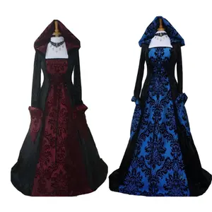 European American Medieval Dinner Dress Popular Retro Literary Hooded Swaddle With Long Sleeves Lace-Up Waist Printed Costume