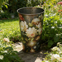 JH Joli pot de fleurs vintage rond et haut en fer blanc avec impression offset