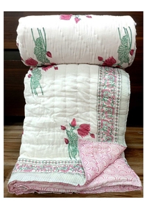 Edredón de Algodón 100% Estampado a Mano, Diseño Floral Tradicional, Hecho a Mano, para Cama Doble, Uso Doméstico para Todas las Estaciones - Product Image 1