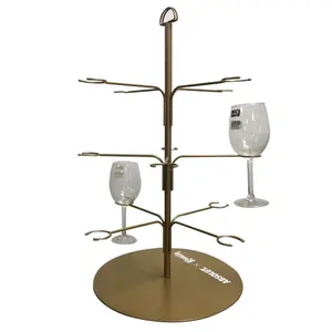 Prateleira de metal para copos de vinho, expositor alto para copos, bancada clássica retrô em forma de árvore de cobre com base redonda