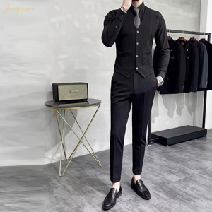 Abito da <span class=keywords><strong>uomo</strong></span> a righe 2026, 3 pezzi, in poliestere TR elasticizzato, viscosa e spandex, lavabile in lavatrice, <span class=keywords><strong>doppiopetto</strong></span>, all'ingrosso - Product Image 3