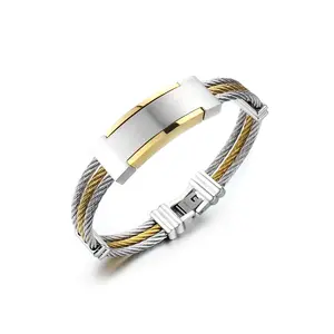 High Quality PVD Gold Plated 10mm Wide 316L Stainless Steel Wire Cuff Bangle Custom Logo Bracelet For Men