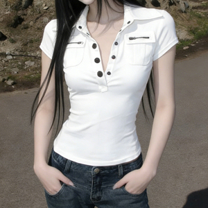 Chemise cargo compressée à manches courtes pour femme, avec poches zippées, couleur unie, coupe ajustée, style streetwear et workwear, vente en gros - Product Image 5