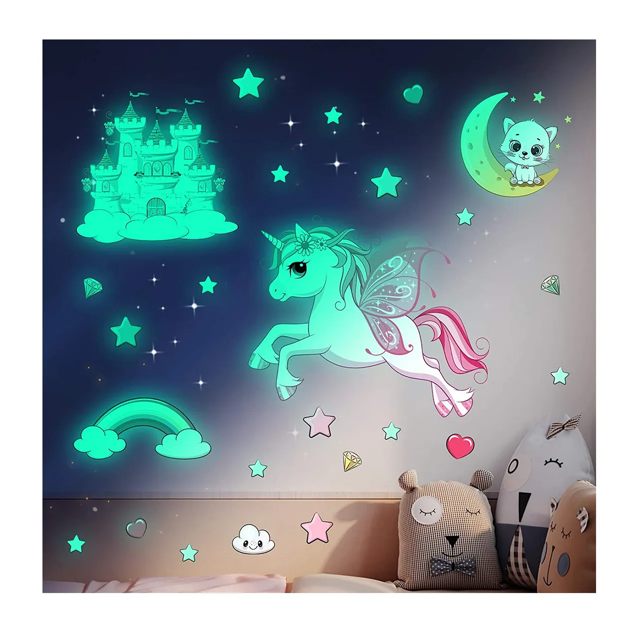 Custom 3D Luminous Wall Sticker Removable Self-Adhesive Glow in The Dark Sticker Cartoon Princess Stickers for Kids Room