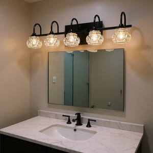 Luminaire mural rétro à 5 lumières pour salle de bain, finition noire, abat-jour en verre cristal, pour éclairage de miroir de salle de toilette - Product Image 2