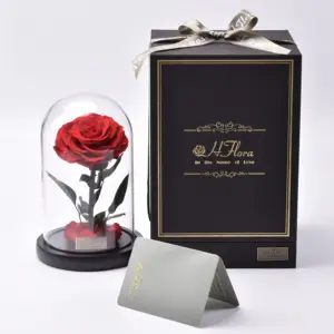 Hfloral Hot 12*20cm Beauty Beast Red Real Everlasting Decorative Flower Gift Box Forever Eternal Preserved Roses in Glass Dome