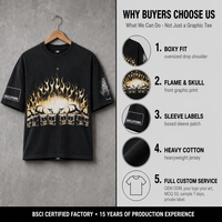 T-shirt vintage personnalisé en coton noir 280 g/m² coupe ample et épaisse, avec motif flamme vintage et impression sérigraphiée vieillie, style streetwear, OEM ODM
