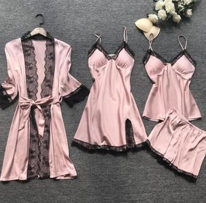 Conjunto de 4 piezas de satén para mujer, pijama de noche, batas de seda personalizadas, ropa de descanso de diseñador, camisón. - Product Image 6