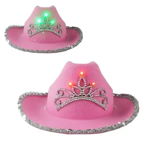 Grosir kustom bling rhinestones Promosi wol merasa topi koboi topi luar ruangan pribadi merah muda wanita topi koboi mode