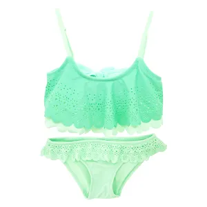 2023 New Girls Kids Green Lace Ruffled Bikini Swimsuit Children's Custom Printed Swimwear for 10 year old girl