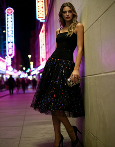 Curvy Friendly <b>Black</b> <b>Tulle</b> Maxi Skirt-Plus Size A-Line Design with Dot Pattern Natural Waist Summer Casual Wear - Product Image 6