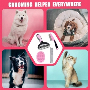 ピンク犬用ヘアグルーミングキットセルフクリーニングステンレススチール櫛デマバスブラシフリーコームプラスチック材料 - Product Image 3