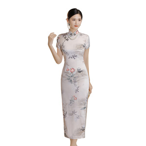 <span class=keywords><strong>Blanco</strong></span> Vintage estilo chino estampado flor Qipao largo hecho a mano botón <span class=keywords><strong>Cheongsam</strong></span> vestido <span class=keywords><strong>de</strong></span> mujer cuello mandarín vestido tradicional - Product Image 6