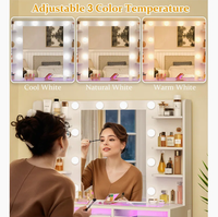 Bureau de maquillage avec lumières et bureau transparent et prise de courant Grande coiffeuse Table de vanité pour chambre à coucher