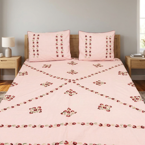 Handmade Embroidered Pink 100% Cotton Flowers Indian Petals Bedsheet with Two Matching Pillow Covers BL-167 - Product Image 2