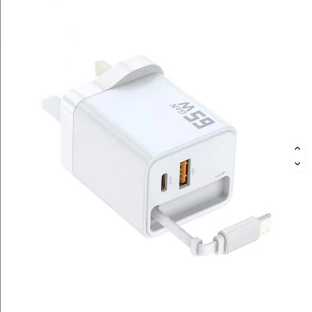 65W GaN Fast Charger with Built-in Type-C Cable, 3-Port PD QC Wall Charger, UK Plug Travel Adapter for Phones Laptops