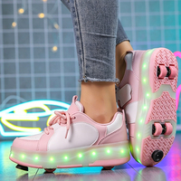 Patins à roulettes à 4 roues LED rose et blanc pour filles, chaussures lumineuses rechargeables pour le plaisir nocturne en extérieur