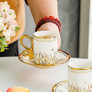 Exquisite Gold Ceramic Coffee <b>Cup</b> And Saucer <b>Set</b> For Afternoon <b>Tea</b> Home Use Cylinder Shape With Handle - Product Image 4