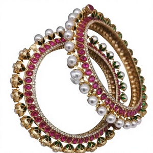 Alluring Gold Plated Ethnic Kundan Fashion <b>Bangles</b> <b>Set</b> With Pearls And Pink Stones For Women Wedding Jewelry - Product Image 2