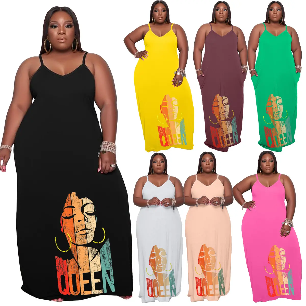 J&H summer 2023 hot sale 5XL plus size sundress maxi dress women fashion QUEEN print sleeveless loose casual dresses