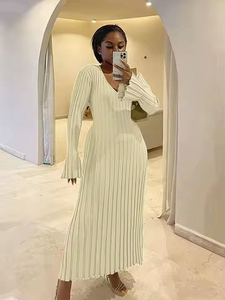 Vestido Casual de Punto para Mujer, Cuello <span class=keywords><strong>en</strong></span> V, Estilo Ribbed, Otoño Invierno 2026, Elegante, Plisado, Línea A, Vestidos Largos Casuales - Product Image 3