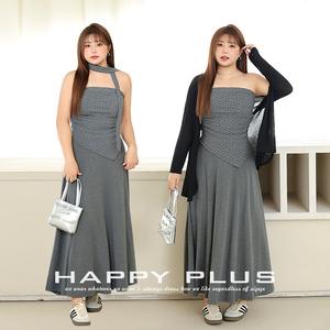 Ensemble trois pièces pour femmes Runqi, taille plus, haut sans bretelles gris, jupe midi, cardigan noir, imprimé floral asymétrique - Product Image 3