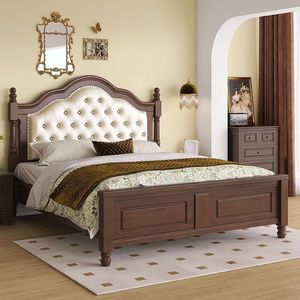 Cama de Madera Estilo Americano de 1.8M, Cama Doble de Madera Maciza con Base Alta y Almacenamiento, Muebles para Dormitorio - Product Image 1