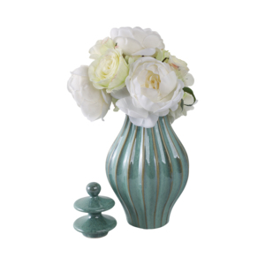 Vaso Decorativo in Ceramica Scanalata con Coperchio, Verde Teal, 12 Pollici, Scultura Decorativa per Soggiorno e Camera da Letto - Product Image 3