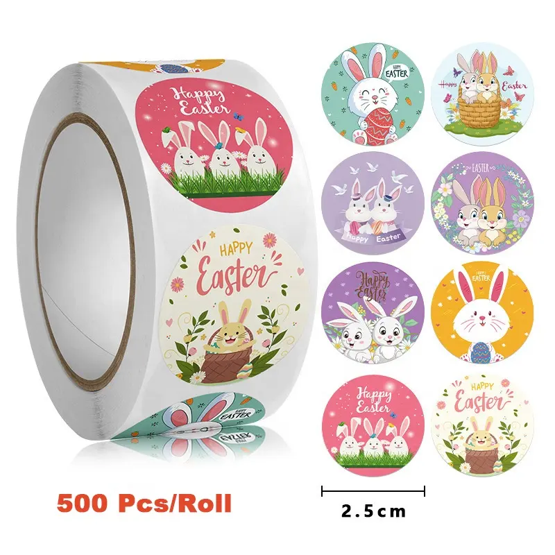 Étiquette adhésive ronde de pâques en papier, étiquette artisanale Happy Rabbit, étiquette autocollante pour l'emballage, ruban adhésif, 1 pouce