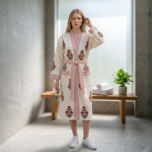 Export Quality Pure Hand Block Waffle Bath <b>Robe</b> Lightweight Absorbent Cotton Bath Spa Wear Available In Bulk Quantity - Product Image 3