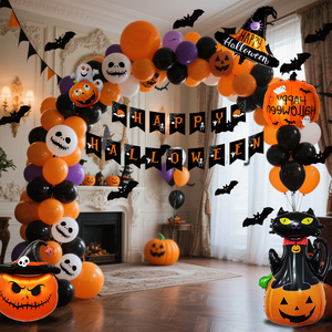 Kit de Décoration pour Fête d'Halloween : Chapeaux de Sorcière Adorables, Bannière Orange et Noire, Ballons, Décorations Visage Effrayant – Fournitures en Latex Durable - Product Image 1