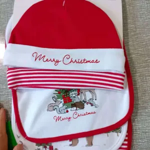 factory wholesale hot sell cotton interlock baby bibs and hat set Christmas bib sets