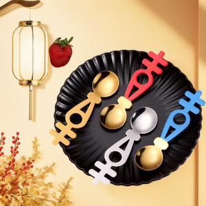 Cuillère créative en acier inoxydable, cuillère double bonheur de style chinois, cuillère ronde, cuillère à dessert de mariage, cuillère cadeau de mariage - Product Image 4